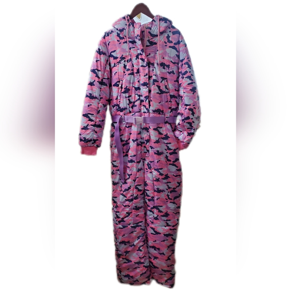 Sugar Thrillz Pink Camo Hooded Belted Ski Puffer Jumpsuit